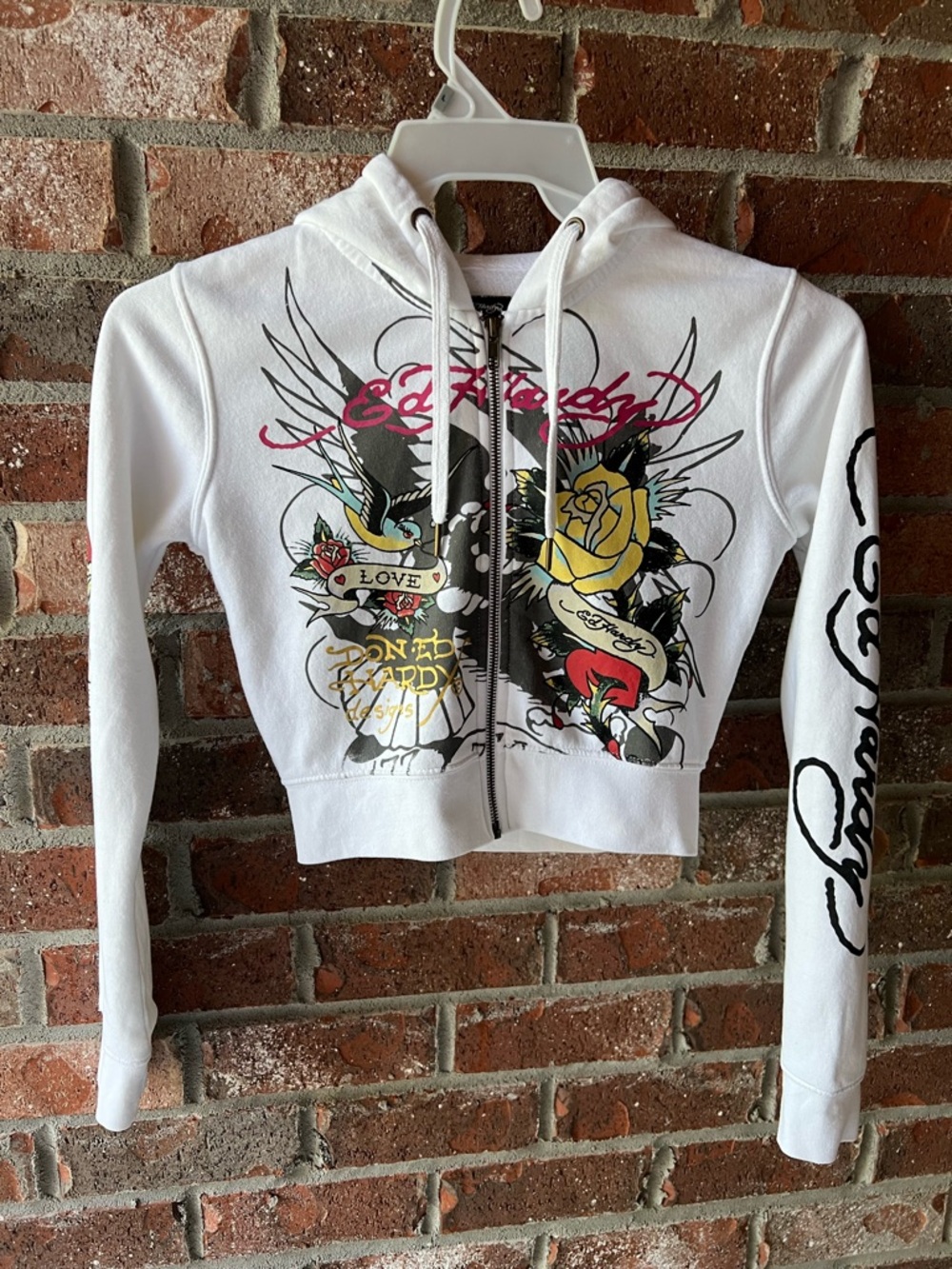Ed Hardy White Cropped Zip Hoodie with Tattoo Rose Graphic size small